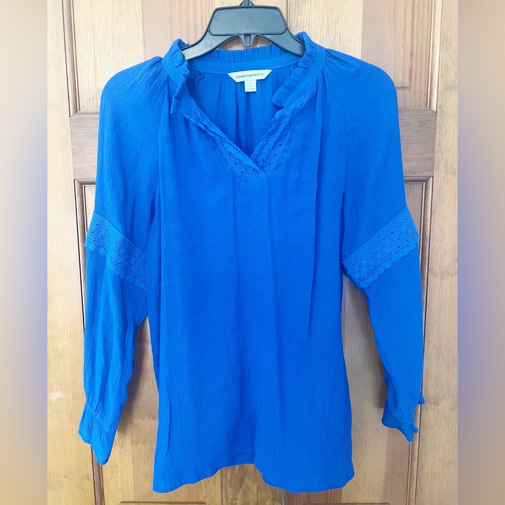 Counterparts Boho Top Womens Size Small Royal Blue Blouse with Lace Details